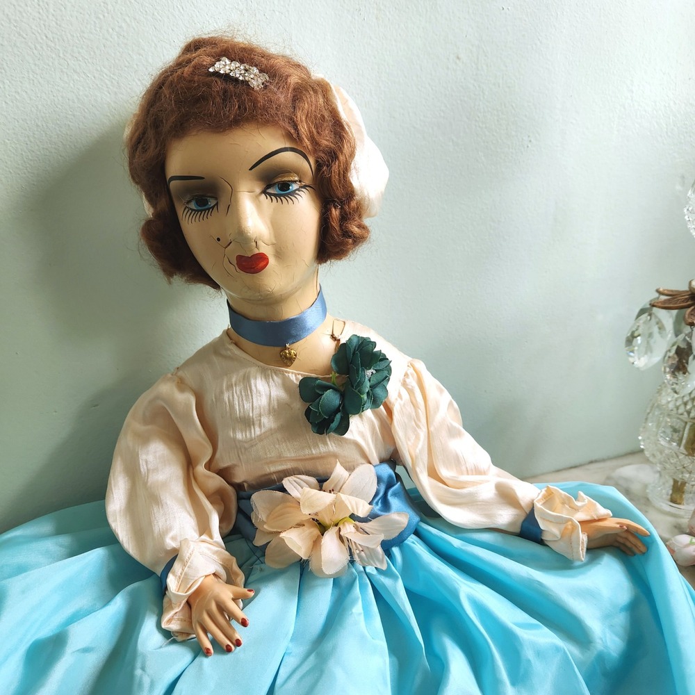 Antique French Boudoir Doll Large Composition Face Art Deco Hollywood Regency